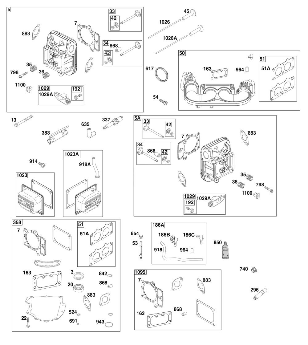 Cylinder Head Group Diagram and Parts List for 44S977-0051-G1 400000 - 699999 Briggs and Stratton Engine
